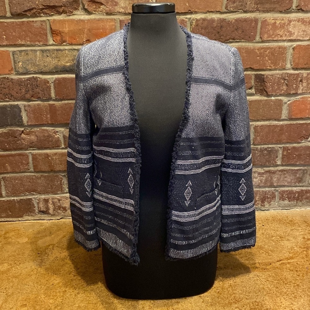 Ann Taylor Loft navy and white open front vintage style woven suit‎ jacket coat